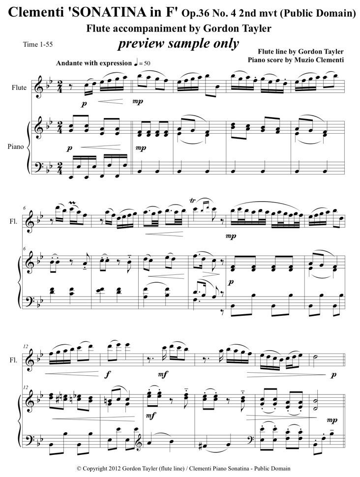 Clementi Sonatina in F Op. 36 No. 4 2nd mvt (public domain) with added flute line